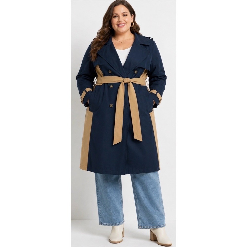 La Ligne x Target Trench Coat Womens 2XL Navy Tan Belt Double Breast color block